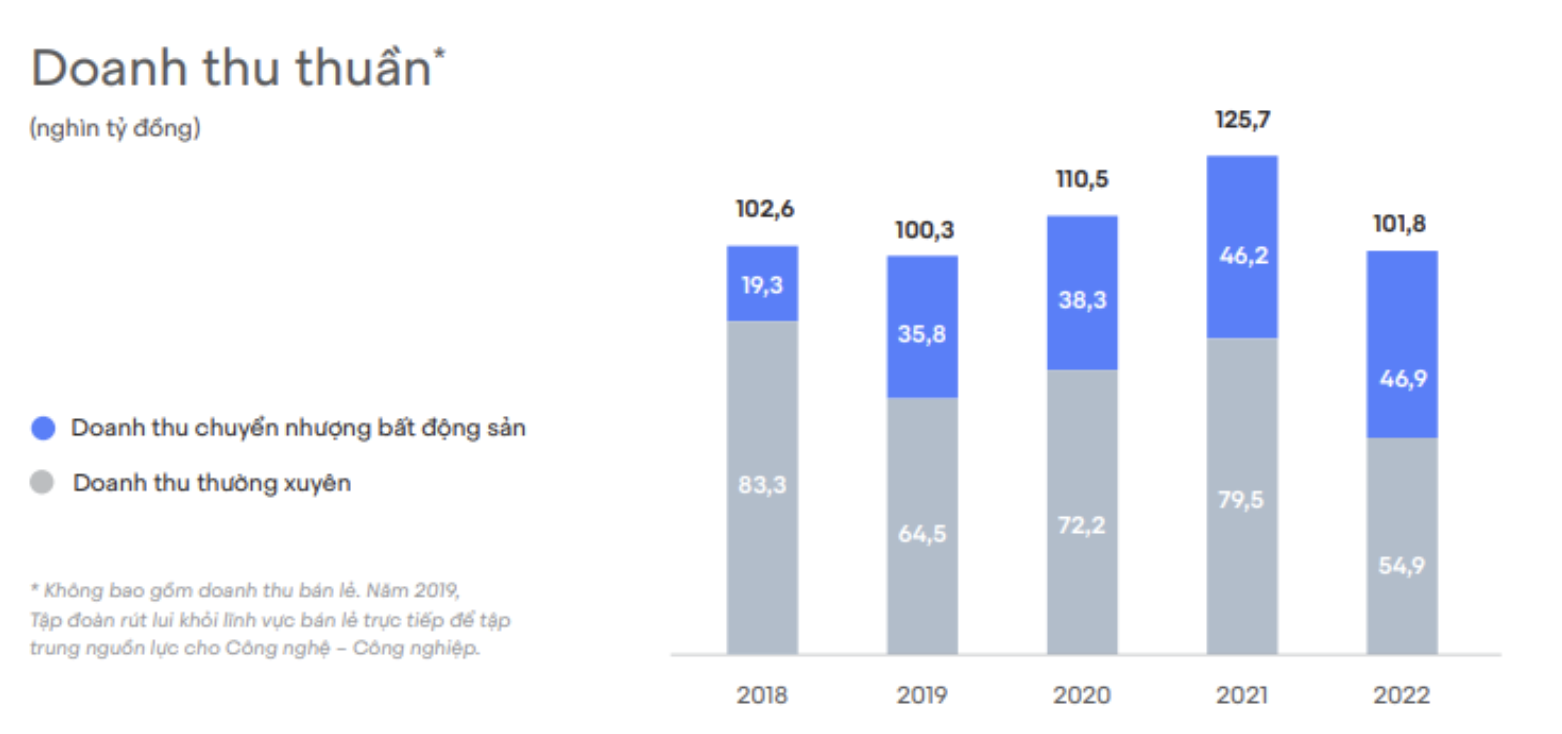 Năm 2022, Vingroup đạt doanh thu thuần 101,8 nghìn tỷ đồng. Nguồn: BCTN Vingroup